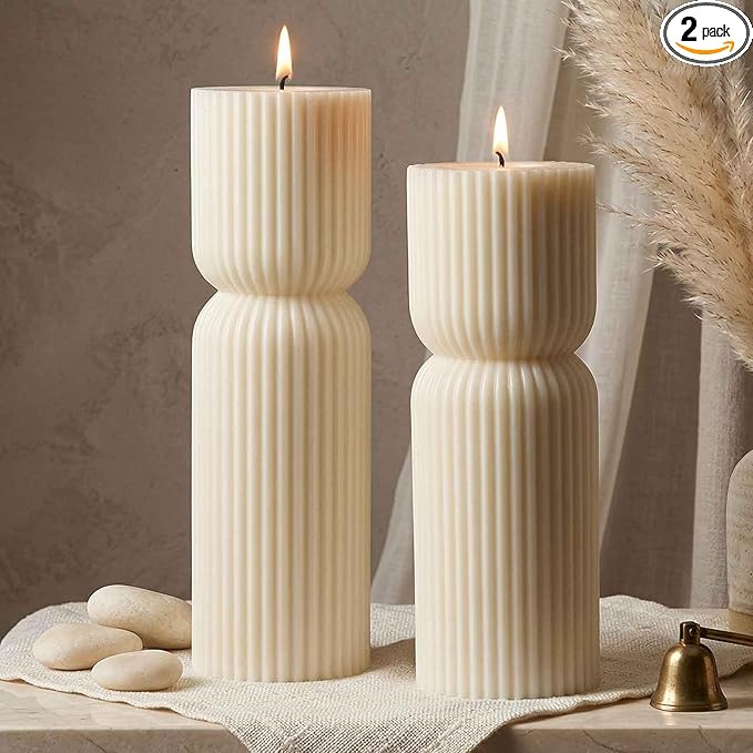 Aesthetic Sandalwood Scented Candles,Ribbed Pillar Candle Set of 2 (7.87" & 9.05" Tall), Natural Soy Wax Minimalist Geometric Decor, Modern Fluted Sculptural Candles for Home,Shelf, Mantel & Gift