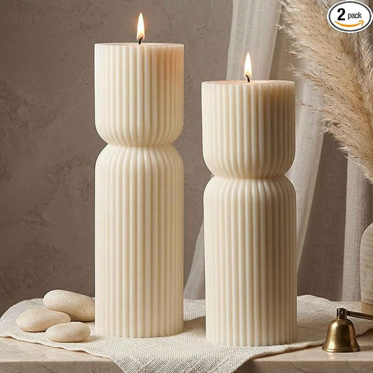 Aesthetic Sandalwood Scented Candles,Ribbed Pillar Candle Set of 2 (7.87" & 9.05" Tall), Natural Soy Wax Minimalist Geometric Decor, Modern Fluted Sculptural Candles for Home,Shelf, Mantel & Gift