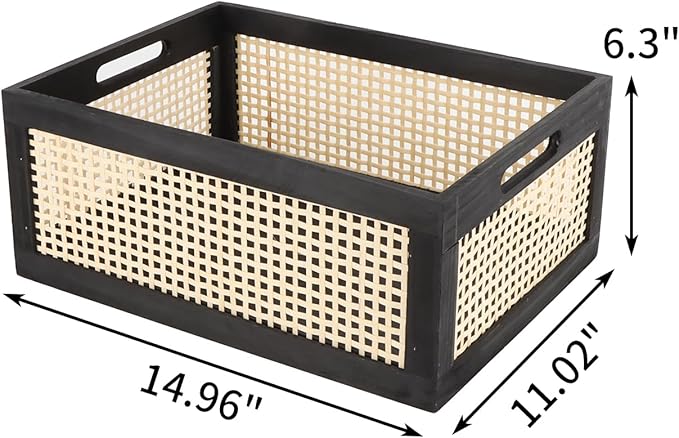 SHCMSADO Wooden Frame Storage Basket, Decorative Organizer Crates Box with Built-in Handle,Natural Wire Wood Nesting Drawer Storage for Kitchen, Bathroom and Office Desktop-(15" Lx11 Wx6.3 H-Black)