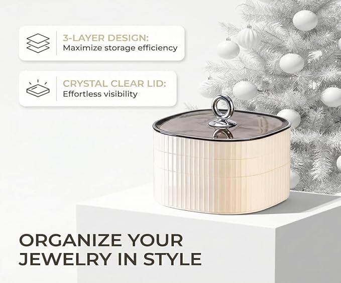 HALAFE Jewelry Box, 3-Layer Acrylic Jewelry Organizer with Handle, Clear Jewelry Boxes for Women Girls, Make up Organizer, Jewelry Storage Holder (Cream)