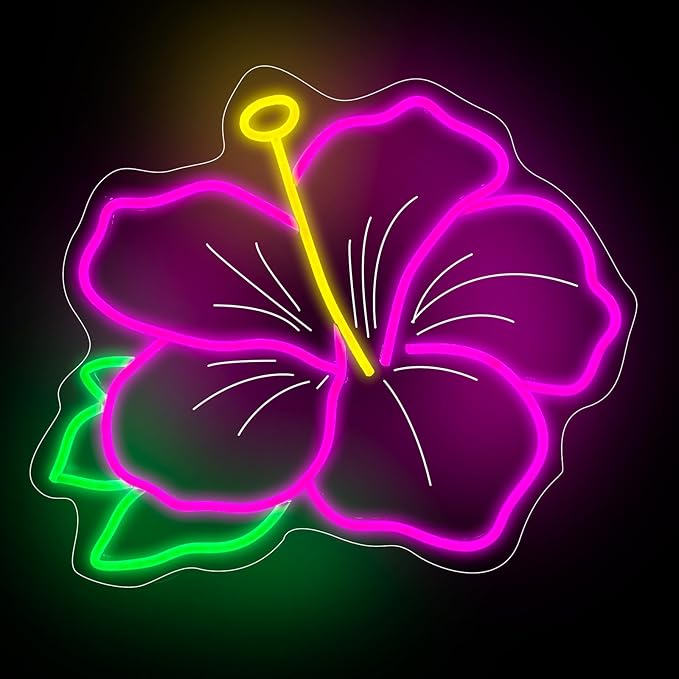 Hibiscus Neon Sign Hibiscus Flower Neon Light Hawaii Floral Neon Light Tropical Flower Sign Home Wall Art Decoration, 15"x12", Pink