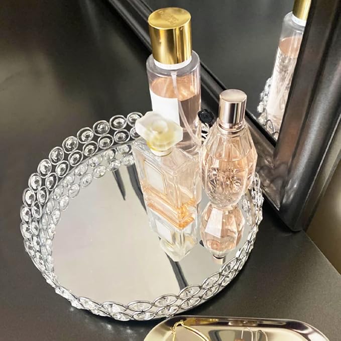 Crystal Decorative Tray Metal Mirrored Perfume Cosmetic Organizer Jewelry Trinket Display Storage Vanity Trays Home Décor Accents Luxury Gift (Round, 10in, Silver)