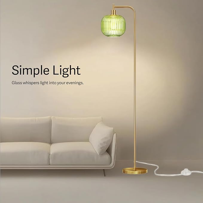 Mid Century Modern Floor Lamp, 67" Tall Standing Lamp with Transparent Green Glass Shade, Vintage Gold Floor Lamp for Living Room Bedroom, Stable 6.2lbs Weighted Base, ST64 LED Bulb Included