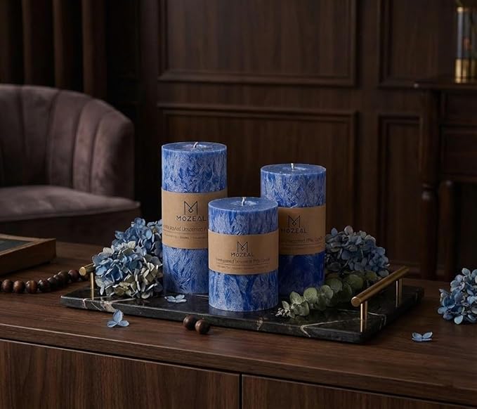 MOZEAL Hand-Poured, Unscented Blue Crystal Pillar Decorative Candles, Elegant Set of 3 in Different Sizes (3"x4", 3"x5", 3"x6"), Luxurious Décor for Homes & Events