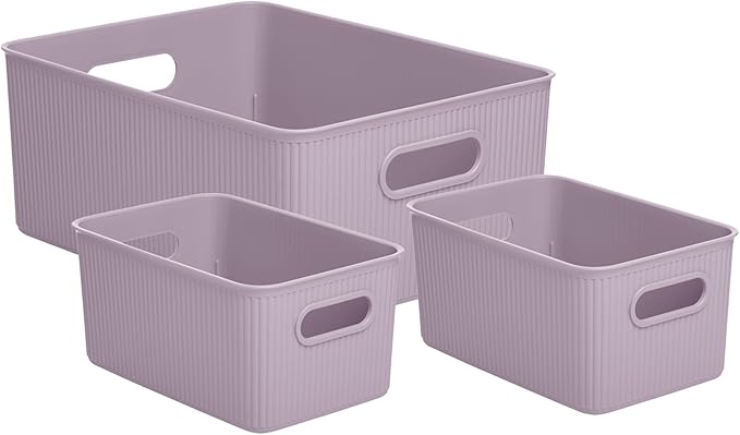 Superio Decorative Plastic Basket Open Home Storage Bins Organizer, Lilac Purple (Set of 3) 1 Large, 2 Medium - Container Boxes for Organizing Closet Storage Bins for Shelves - Ribbed Collection