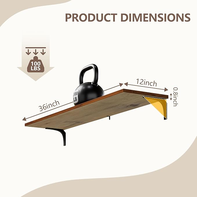 12 Inch Deep Floating Shelves Set of 3, 36 Inch Extra Wide Walnut Solid Wood Wall Shelves with 150 lbs Capacity, Heavy Duty Farmhouse Wall Mounted Shelving for Kitchen, Living Room & Bedroom