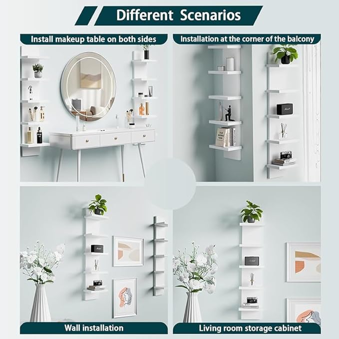 5 Tier White Wall Shelves - Vertical Column Floating Storage Organizer, Tall Tower Design Utility Shelving for Home Decor, Bedroom & Living Room, 30.7" x 31" (White)