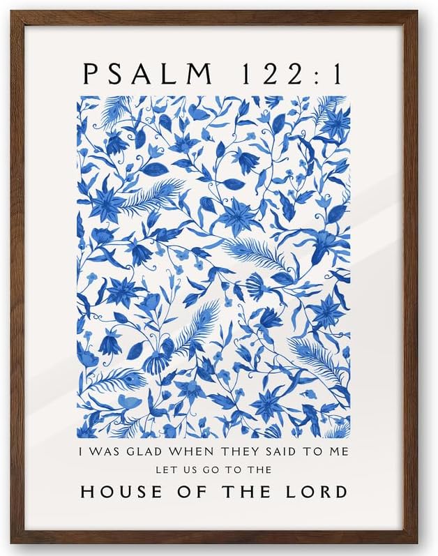 EcoHest Walnut Color OAK Wood Jesus Framed Wall Art, 12x16in Psalm 122:1 Bible Verse Christian Wall Art, Modern Blue Bedroom Decor For Living Room Bathroom Religious Gift 1Pack
