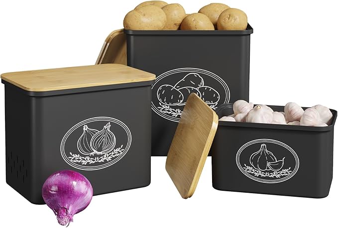 Lifewit Potato and Onion Storage Bin, Stackable Garlic Keeper with Aerating Holes and Lid, Plastic Vegetable Container Box for Pantry Countertop, Black, 24 x 18 x 24 cm/9.5 x 7 x 9.5 inch, Set of 3