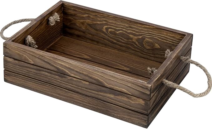 MyGift 13 Inch Rustic Brown Wood Decorative Storage Organizer Bin with Rope Handles, Open Top Small Crate Box for Bathroom Accessories, Books, Crafts, Fruits