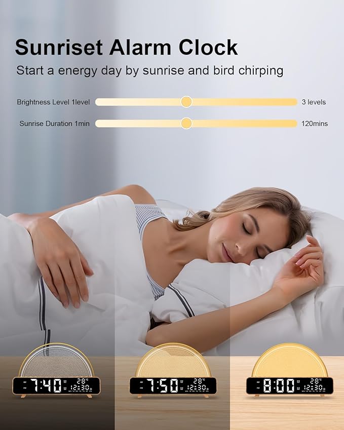 HAODINGMAI Sunrise Alarm Clock Wake Up Light with Sunrise Simulation White Noise Machine Touch Control Bedside Lamps Colors Atmosphere Lamp 30/60/90 Sleep Timer 13 Nature Sounds