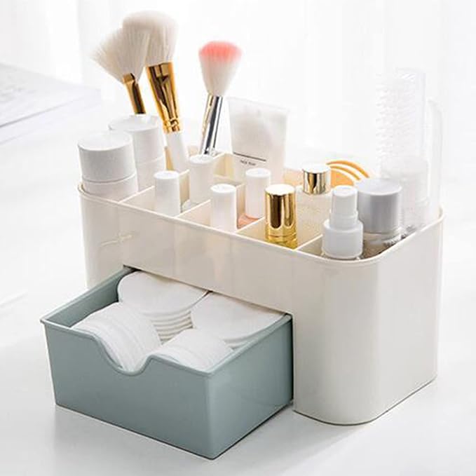 6 Compartments Cosmetics Makeup Organizer Cosmetic Storage Box with Drawer Multifunctional Makeup Desk Organizer for Home Bathroom(Blue)