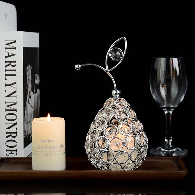 Set of 3 Crystal Metal Pineapple Pear Table Centerpiece Handmade Crystal Candlestick Hollow Fruit Ornament Home Party Wedding Holiday Bar Decoration (Silver, Set of 3)