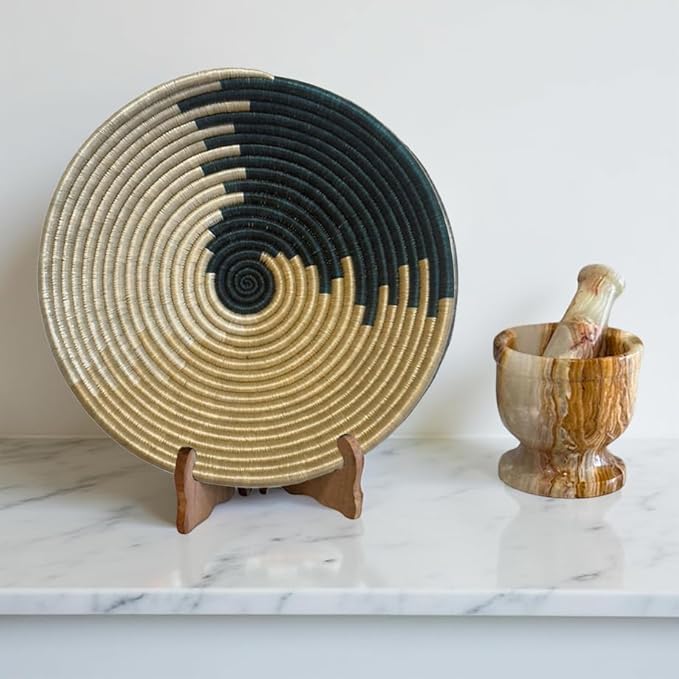 Handwoven African Basket Handmade sisal Fruit Bowl Wall Hanging decorative Baskets for Home Living Room Kitchen Gifts Centerpiece Zen Designs Arts and Crafts (Dark Green Natural, 12in diameter)