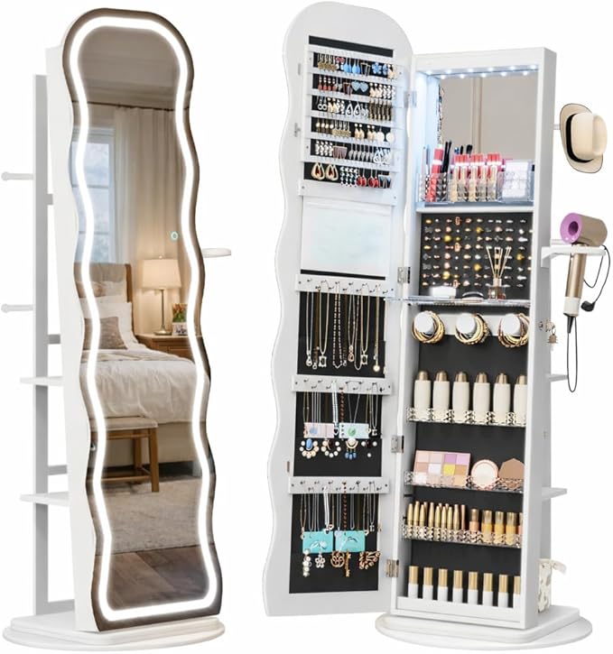 Vlsrka LED Mirror Jewelry Cabinet Standing, 360° Swivel Jewelry Aromire Organizer with Wavy Mirror, Lockable Jewelry Mirror with Storage, Jewelry Cabinet, Interior Mirror, Flodable Shelf, (LED White)