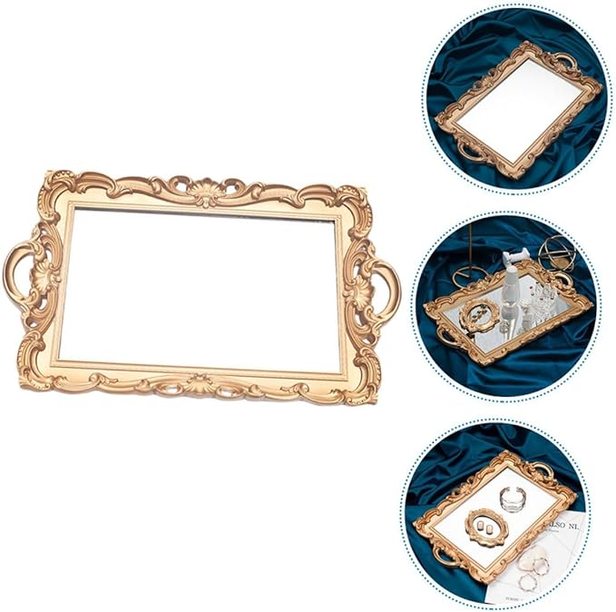 BESPORTBLE Retro Mirror Tray Decorative Makeup Organizer Cosmetic Storage Plate Golden Rectangular Photo Prop for Vanity and Perfume Display