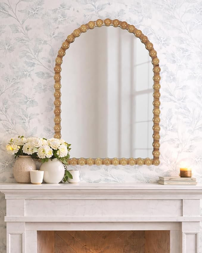 Beaded Arched Wall Mirror 22"x30", Vintage Decorative Arch Mirror with Beaded Frame, Accent Mirror for Entryway, Bathroom, Living Room, Bedroom, Fireplace Mantel