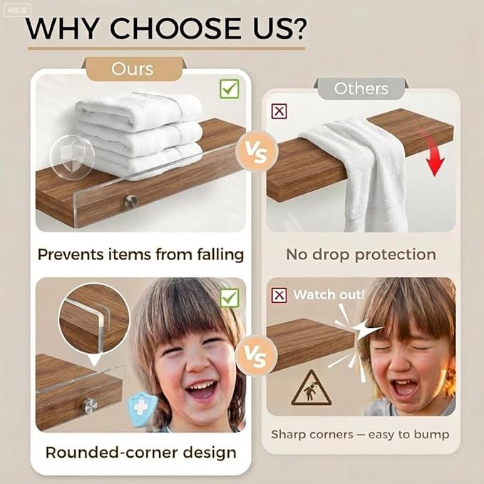 Wood Floating Shelves with Acrylic Front Lip, Rustic Shelf 15.7 inch, Floating Shelf for Wall Mounted Set of 3, Wide Wooden Wall Shelves for Living Room Bedroom Kitchen Bathroom, Brown, 15.7W x 5.8D