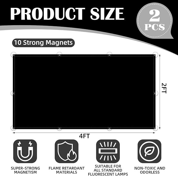 ANGSYLTH 2 Pcs Fluorescent Light Covers - 4 x 2 Feet Covers for Ceiling Lights, Magnetic Light Filters for Classroom, Office, Hospitals, Home (Black)