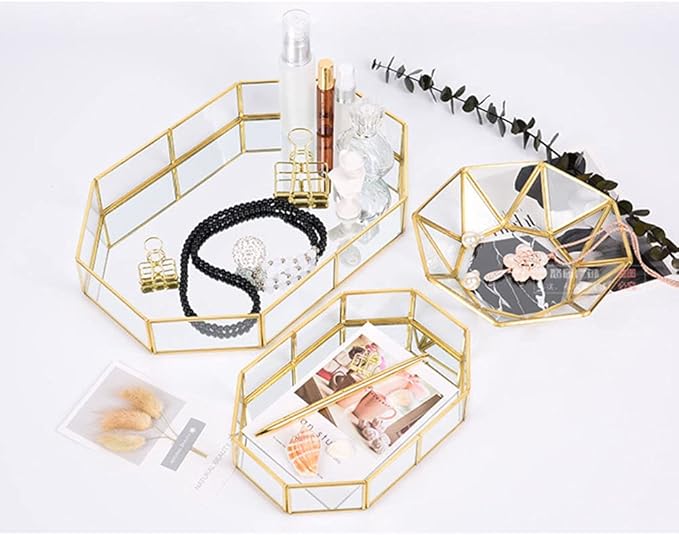 Square Vintage Gold Mirror Glass Vanity Tray,Ornate Geometric and Brass Plated Display Storage Organizer for Makeup Brushes/Lipstick/Skincare/Perfumes/Beauty Room/Bathroom Accessories