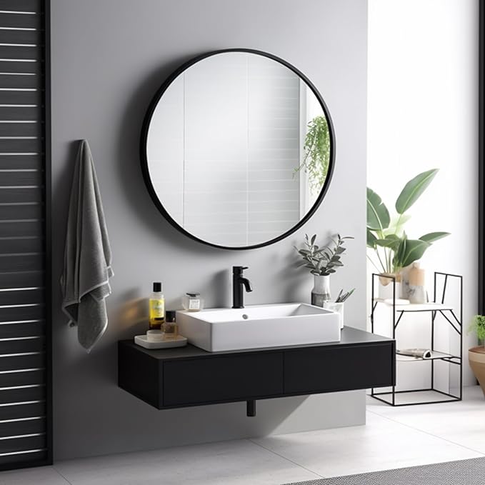 Sunniry Round Mirror 28 inch, Round Black Mirror, Circle Bathroom Mirrors Metal Frame, Wall Mounted Circle Mirrors for Bathroom, Living Room, Hallway, Farmhouse.