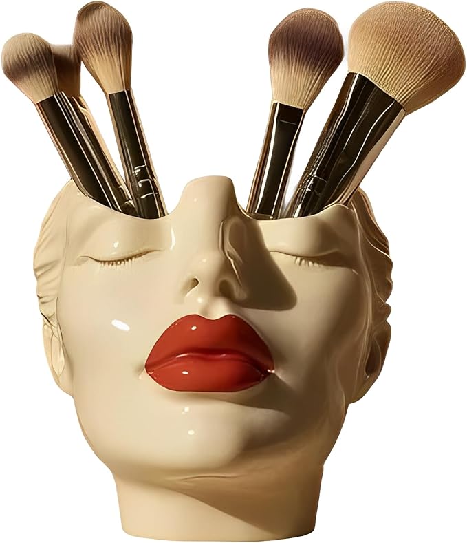 Women's Head Shape Boho Feminist Decoration Body Vase Head Vase Vintage Makeup Brush Holder Boho Makeup Organizer Rotating Makeup Organizer Idealized for Home Decor (C)