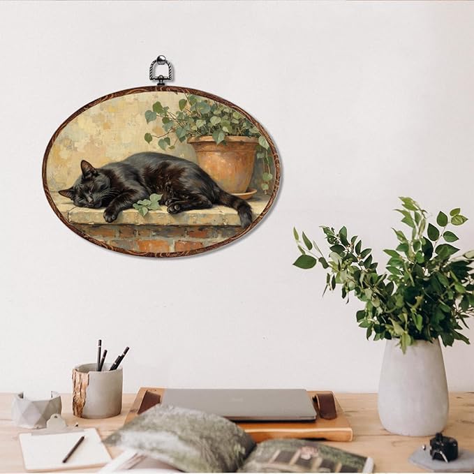 Vintage Black Cat Oval Framed Wall Art, Cute Animal Cat Canvas Art Paintings Wall Decor, Rustic Aesthetic Cottagecore Hanging Decor Artwork for Home Kitchen Bedroom Bathroom Living Room 12X8.3
