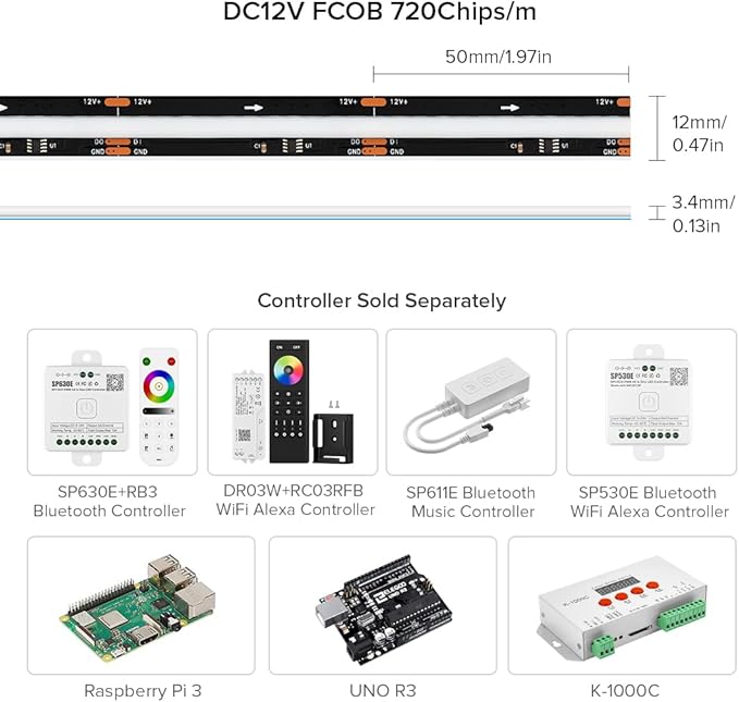 BTF-LIGHTING FCOB WS2811 IC RGB COB LED Strip DC12V 720LED/m 3.2FT Flexible High Density Uniform Chasing Color Light 20IC/m 12mm Width Black PCB for Indoor Decor(No Adapter or Controller)