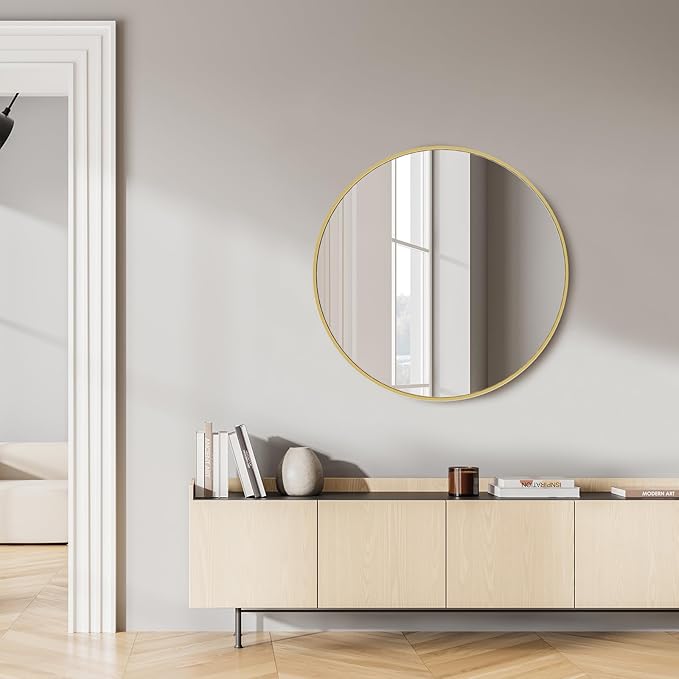 Sweetcrispy 30in Round Bathroom Mirrors for Wall, Bathroom Mirrors for Over Sink, Wall Decor for Bathroom, Entryway, Bedroom, Vanity, Gold