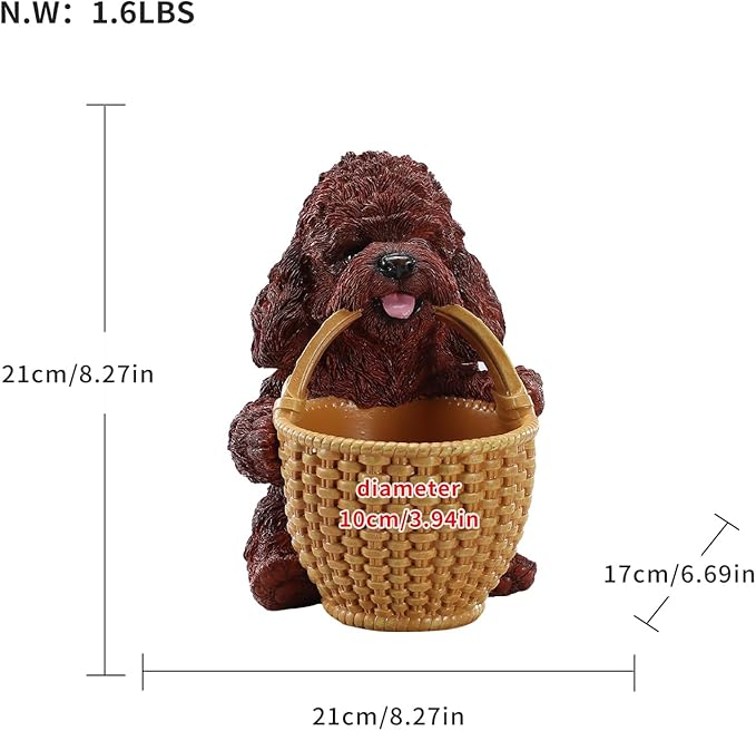Dog Resin Storage Basket, Desktop Organizer for Remote & Keys, Cute Home Decor Tray, Ideal present for Pet Lovers.(Brown Poodle Biting Basket)