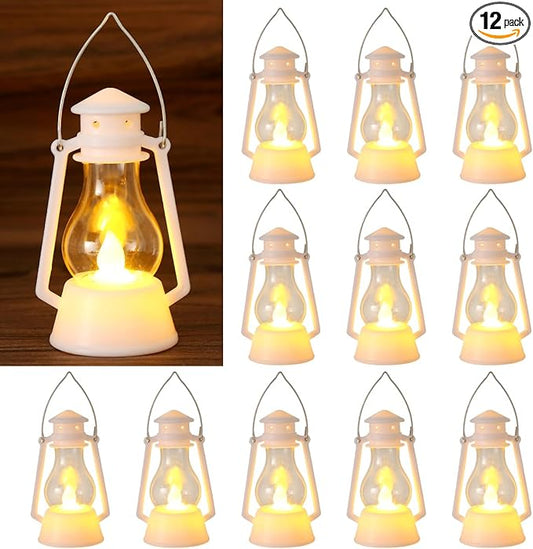 12Pcs LED Mini Vintage Lanterns Decor Indoor Decorative Outdoor Hanging Lantern Decorative Small Candle Lanterns Farmhouse Decor for Wedding Centerpiece,Halloween,Christmas,Farmhouse Decorative