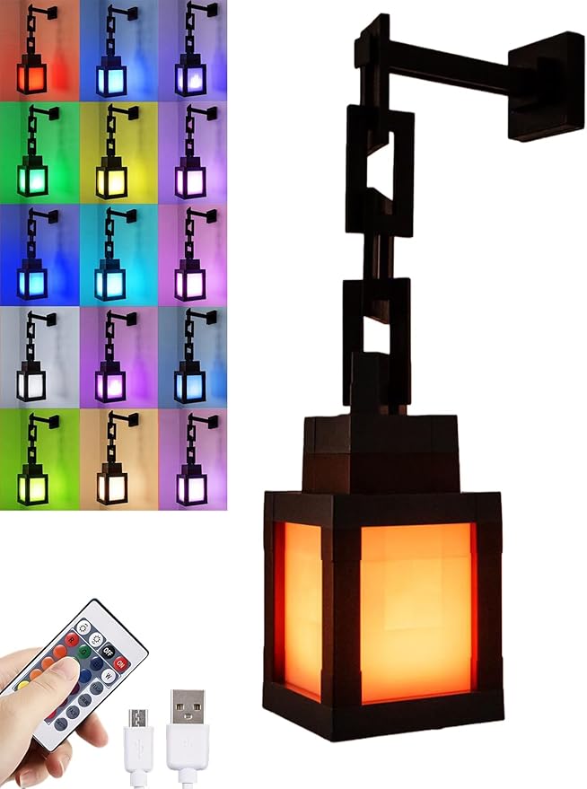 Pixelated Lantern Night Light – 16-Color LED Lamp with Remote Control, Rechargeable Wall or Table Light for Gaming Rooms or Kids’ Bedrooms, Fun Gift for Gamers, Decor for Boys Bedroom 12-15