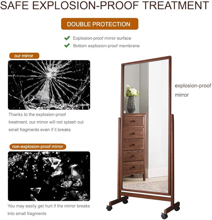 Swivel Full Length Mirror on Wheels 65"x22", Free Standing Wood Frame Cheval Floor Mirror for Dressing, Full Body with Stands, Tilt Angle Adjustable, Brown