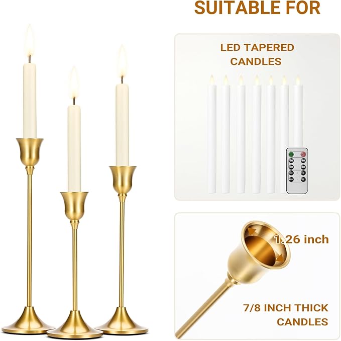 Tifanso Taper Candle Stick Holder - 3PCS Brass Gold Pillar Tall Candlestick Holders Metal Vintage Decor Dinner Table Dining Room Centerpieces Decorations for Wedding Fireplace Mantel Housewarming Gift