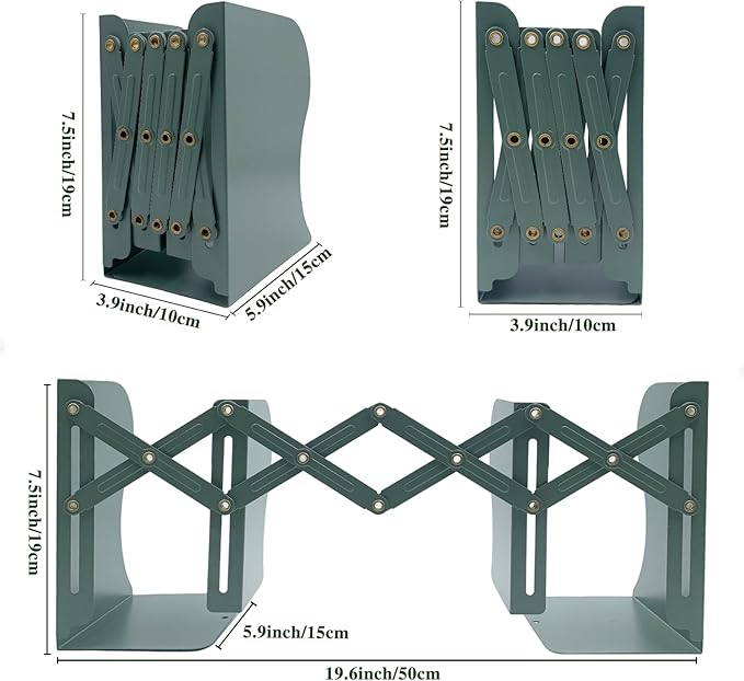 Adjustable Bookends Non Skid Decorative Bookends,Metal Bookend for Heavy Books,Bookshelf Organizer Holder for Books and Magazines for Desk(Green)
