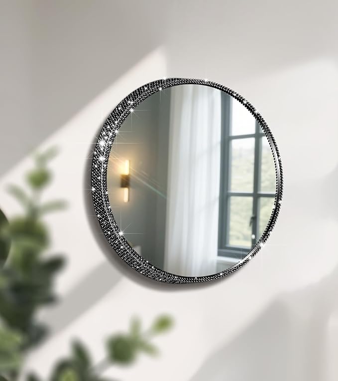 Crystal Diamond Wall Mounted Mirror Black Makeup Mirror 12inch Round Bing Mirror for Bedroom Real Glass Mirror for Wall Decor