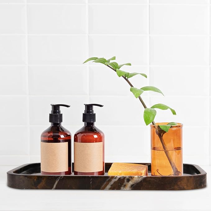Marble Bathroom Vanity Tray, Natural Marble Home Kitchen Table Tray, Stone Decorative Countertop Serving Organizer for Dresser Coffee Perfume Jewelry Makeup (1, Black Gold L, 12 * 8 * 0.8)
