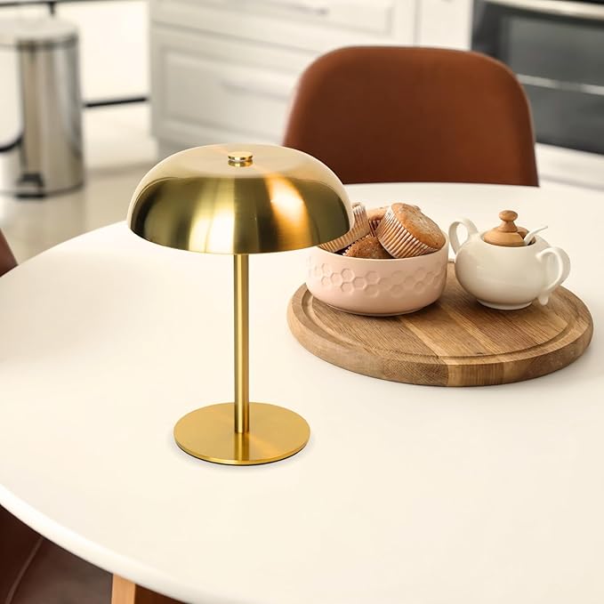 Portable LED Mushroom Table Lamp, 8.46'' Metal Small Cordless Desk Night Light with 5200mAh Rechargeable Battery, Stepless Dimming Lamp with 3 Colors for Bedroom/Bar/Coffee Shop (Gold)