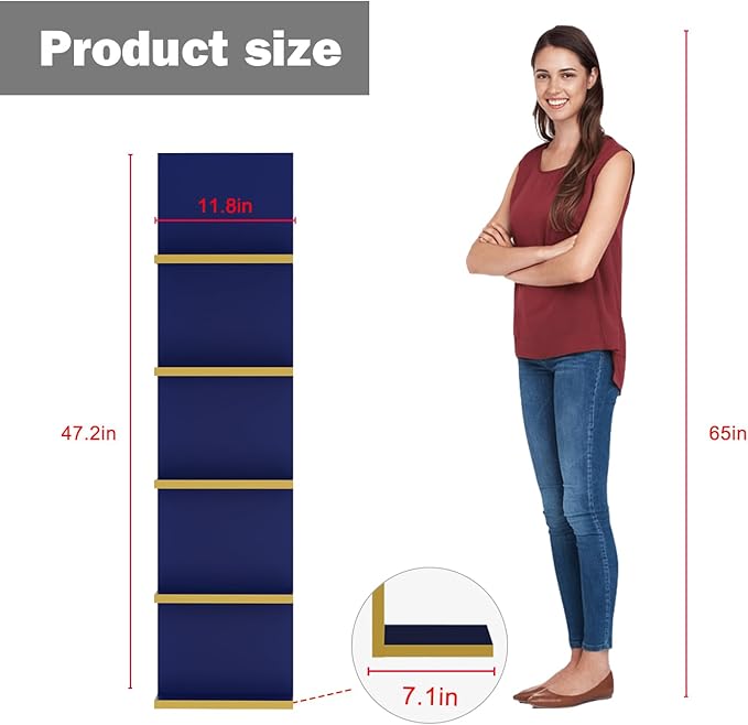 5 Tier Wall Shelves with LED Light, Vertical Column Shelf Floating Storage Home Decor Organizer Tall Tower Design Utility Shelf (Navy Blue)