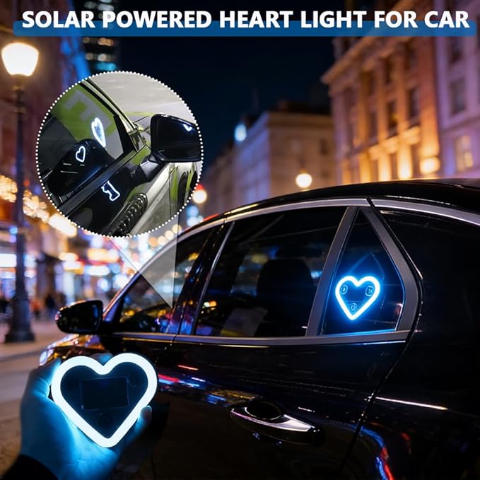 2Pcs Solar Powered Heart Light for Car, 2pcs LED Wireless Ambient Lamp with 6 Modes & Vibration Sensor Can Automatically Power the Light On, Romantic Ambient Gift for Couples (Ice Blue)