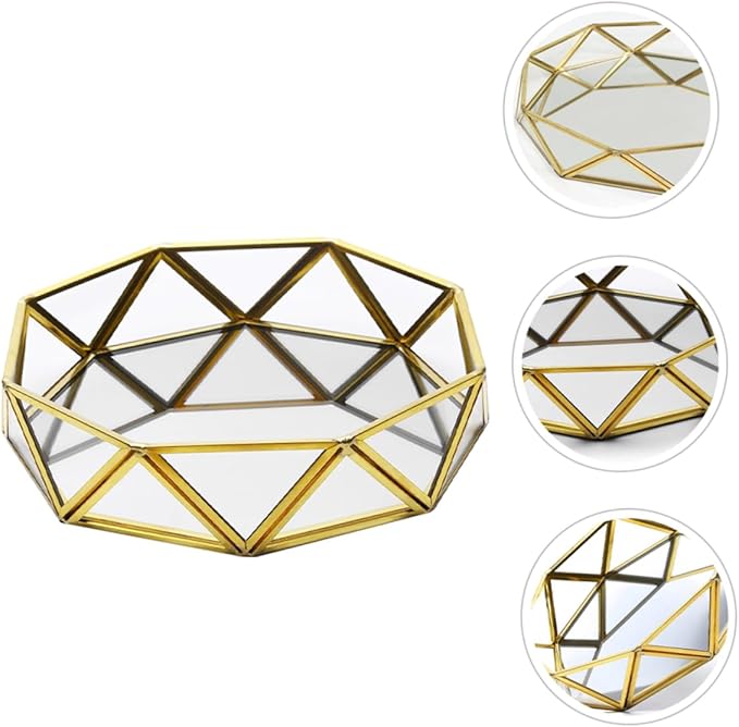 PRETYZOOM Geometric Mirror Glass Tray for Jewelry Storage Decorative Makeup Organizer Perfume Tray