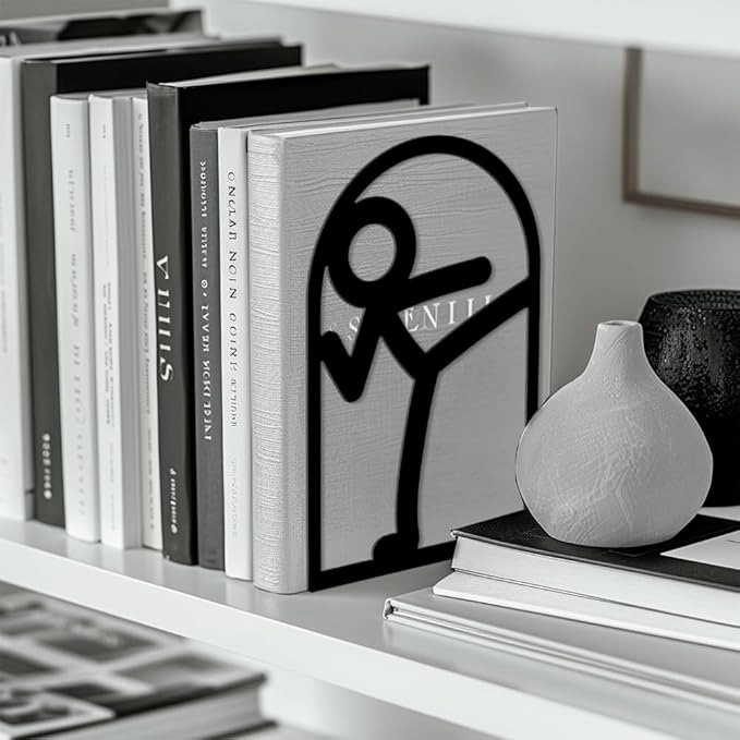 Peacoblue Metal Bookends for Shelves, Modern Decorative Heavy Duty Study Book Ends Stoppers for Office, Desk, Shelf, Room 5.3"x4.3"x7.9" Cast Iron Simple Tall Bookends 1 Pair (Stickman)
