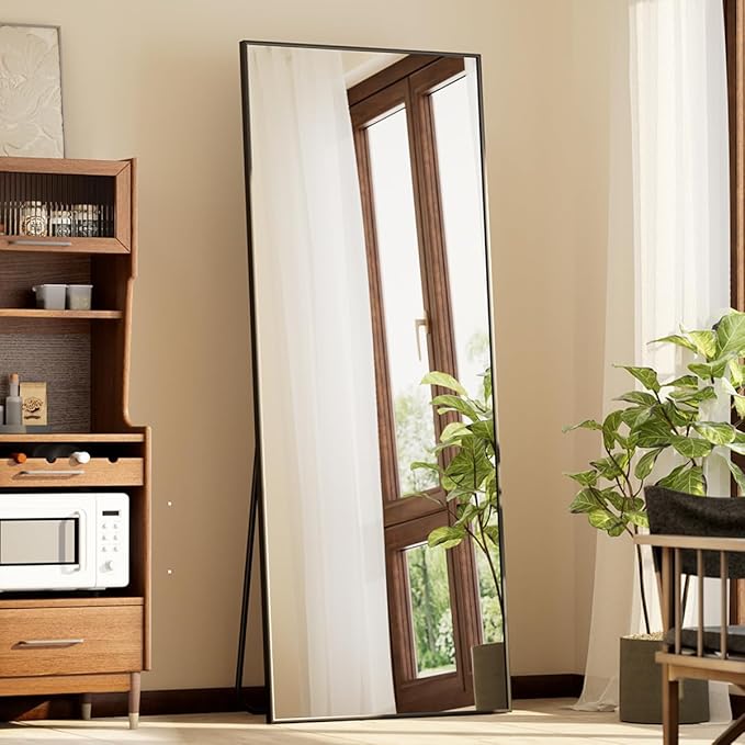 BEAUTYPEAK Full Length Mirror with Stand, 56"x21" Floor Mirror with Aluminum Alloy Thin Frame, ShatterVue Tempered Full Body Mirrors, Free Standing or Wall-Mounted Mirrors for Living Room, Black