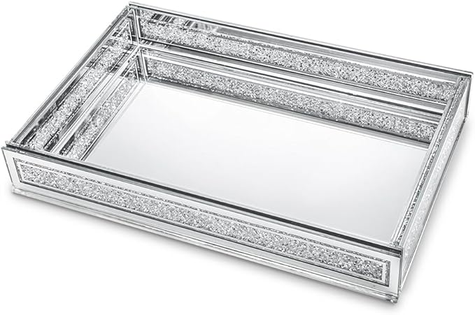 Kanpura Crush Diamond Mirror Perfume Tray, Silver Glass Mirror Trays for Vanity, Jewelry Organizer, Decorative Serving Tray for Christmas Coffee Table Decor(11.5”x7.5”x2”)