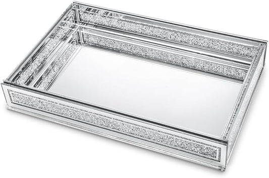Kanpura Crush Diamond Mirror Perfume Tray, Silver Glass Mirror Trays for Vanity, Jewelry Organizer, Decorative Serving Tray for Christmas Coffee Table Decor(11.5”x7.5”x2”)