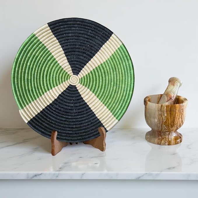 Handwoven African Sisal Basket Bowl Handmade Woven Fruit Bowl, Decorative Wall Basket for Home Décor, Living Room Centerpiece Gifts Zen Design Arts and Crafts (Light Green Black Cream, 8in diameter)