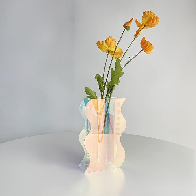 Smartmak Iridescent Acrylic Vase, Rainbow Colored Clear Modern Design Vases Home Décor, Colorful Wedding Decorations, for Artificial Flower, Office, Tabletop, Make Up Brushes Organizer Holder- M