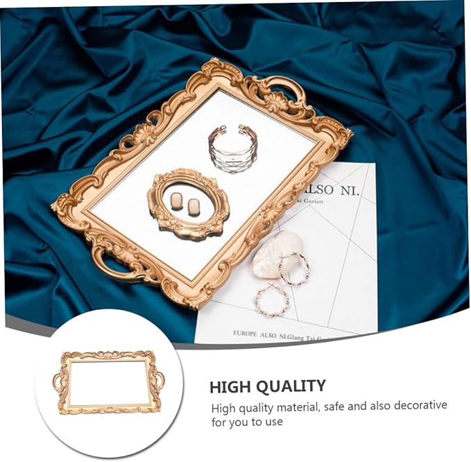 Amosfun Retro Vintage Cosmetics Storage Tray, Golden Mirror Plate Decorative Vanity Organizer for Makeup, Perfume, Jewelry, Home Décor Accent, Rectangular Classic Display Tray