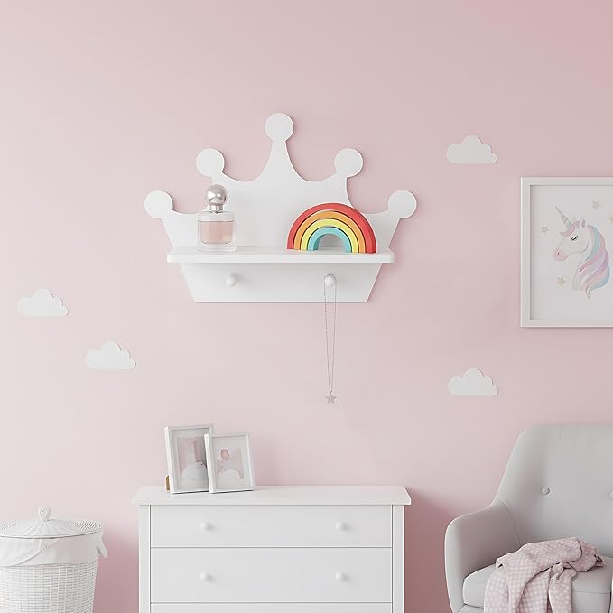 White Crown Floating Wall Shelf with Hooks, Princess Room Decor for Girls Bedroom, Nursery Organizer for Girls Room Storage