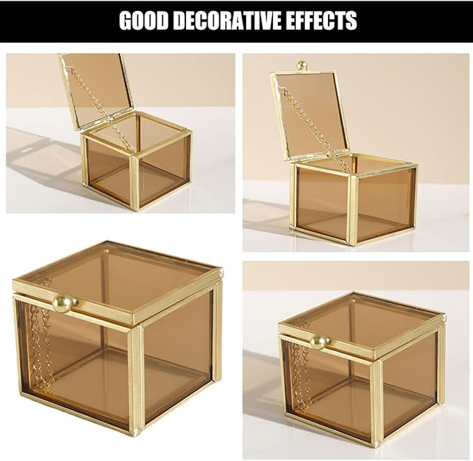 Zerodeko Square Glass Trinket Box with Lid Cosmetic Organizer Home Storage for Necklaces and Accessories